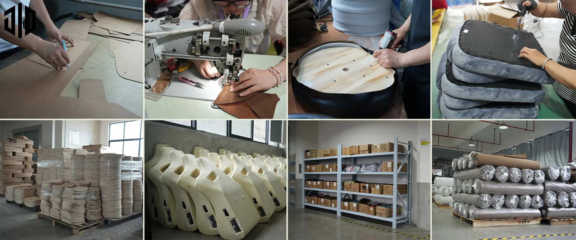 OEM chair manufacturing process in Anji, China, featuring raw material inspection, precision cutting, sewing, upholstery, assembly, and quality control for dining chairs, bar stools, lounge chairs, and recliners.