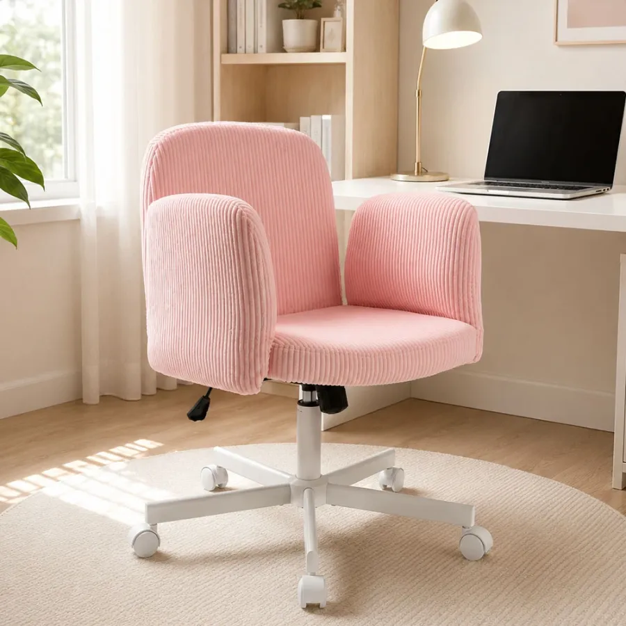 Pink Corduroy Cross-Legged Swivel Home Office Chair